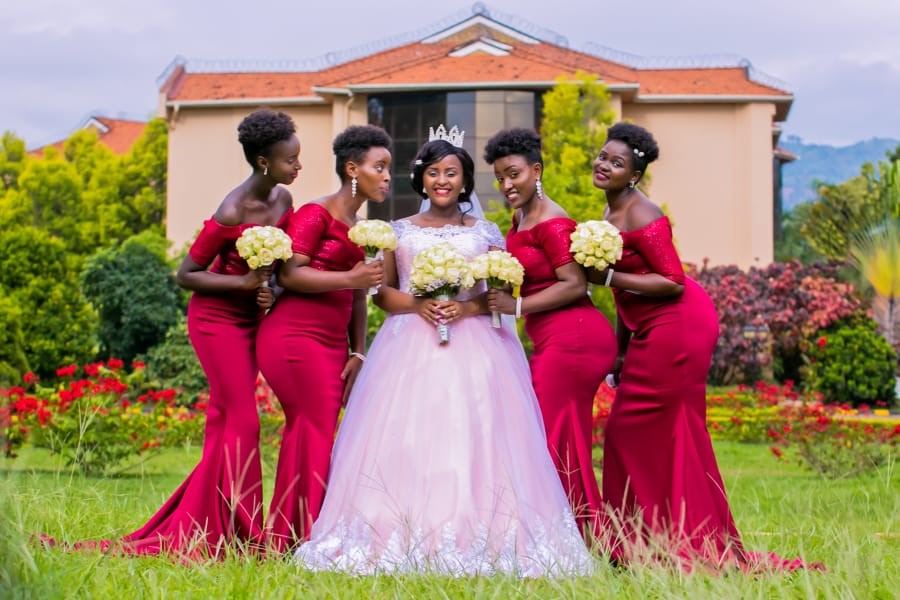 Pastel red shop bridesmaid dress