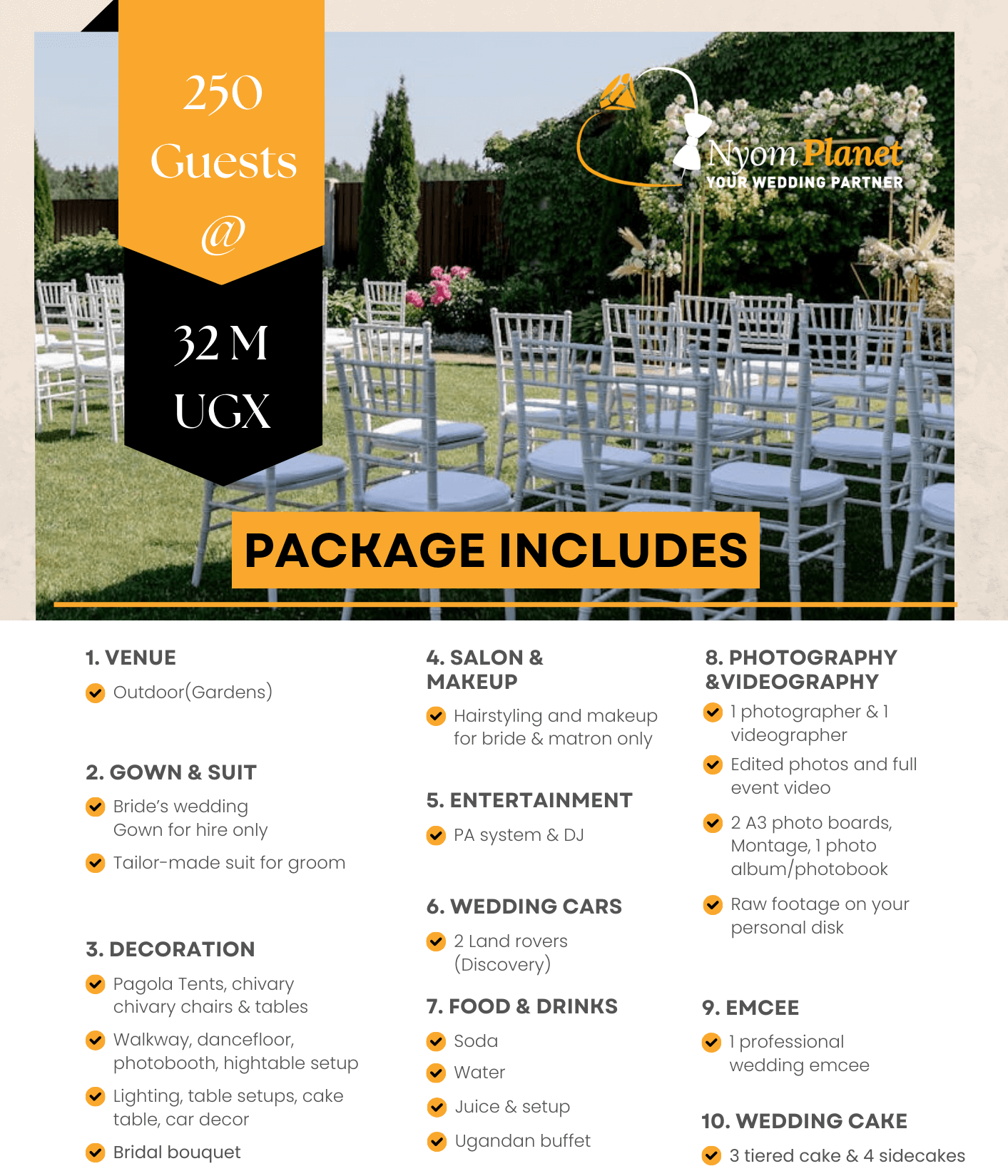 250 Guests wedding package at 32m ugx